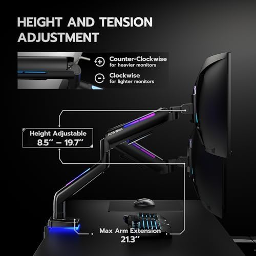ARES WING Ultrawide Monitor arm with RGB for 17-49 Inch Screen, Black