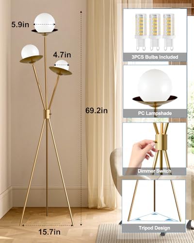 3 Globe Dimmable Tripod Floor Lamp, Mid Century Floor Lamps with 3Pcs 3000K Bulbs Included, Modern Gold Tall Lamp for Living Room Bedroom Home Office Sofa Beside Corner Decor