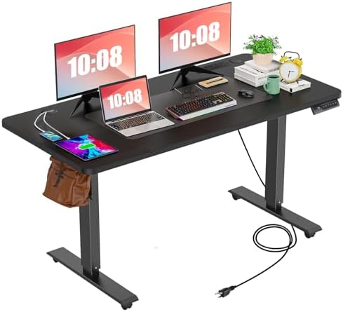 farexon 55 x 24inch Electric Standing Desk Adjustable Height with Power Outlets, Stand up Desk with Wheels,Mouse Pad, Hooks,Preset Heights Home Office Gaming Computer Workstations Table（Black）