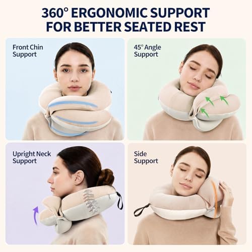 BUYUE Travel Neck Pillows for Airplanes, Memory Foam 360° Head Support Sleep for Long Flight, Skin-Friendly & Breathable, Kit with Eye Mask, Earplugs and Storage Bag (Adult, Beige, 90+ lbs)
