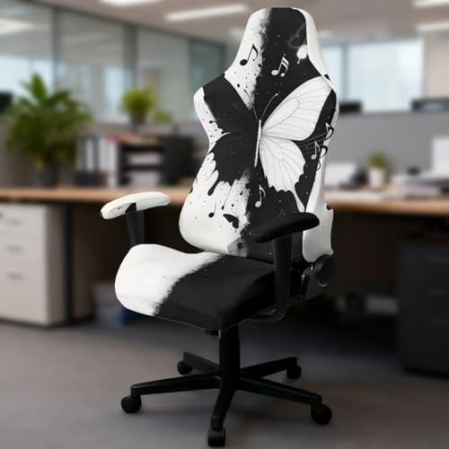 Butterfly Gaming Chair Cover with Armrest Cover Zipper Design Easy to Install Black White Painting Universal Slipcover Scratch Proof Non-Slip Rotating Desk Chair Protector,4 Pcs