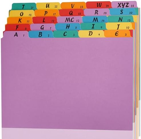 1 Set A-Z Alphabetic and Number Top Label Files, Legal Size, 25 Sheets File Dividers 1/5 Cut Label File Cabinet Dividers Desk Organizer for Office, Home and School (Rainbow)