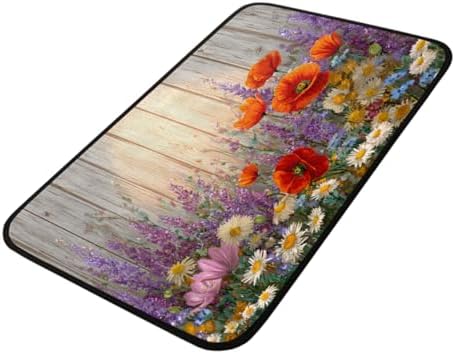 Spring Wildflowers Poppy Wood Door Mat Kitchen Mats, Indoor Outdoor Rugs, Cushioned Anti Fatigue Absorbent Kitchen Rug, Non-Slip Standing Desk Mat, Front Door Rug for Floor, Bathroom, Sink, 20"×39"
