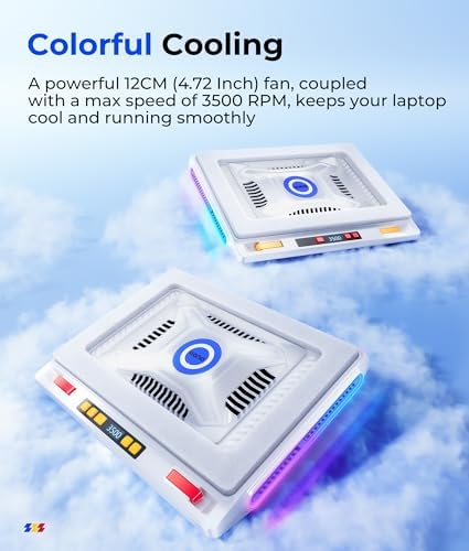 llano V10 Gaming Laptop Cooler, RGB Laptop Cooling Pad Stand with Powerful 4.72 Inch External Turbo Cooling Fan, Fast Cooling Computer 13-17.3inch, 3 Adjustable Stand, 4-Port USB C&A (White)