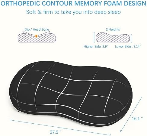 Cervical Memory Foam Pillows: Neck Support Pillows for Sleeping - Side Sleeper Pillow for Shoulder Pain | Contour Support Bed Pillow for Side Back Stomach Sleepers (Black)