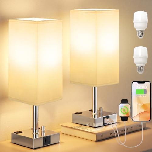 Silver Bedside Table Lamps Set of 2 - Dimmable, USB C+A, 2 AC Outlets