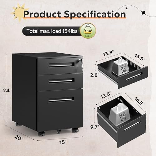 DEVAISE 3 Drawer Mobile File Cabinet, Fully Assembled Except Casters