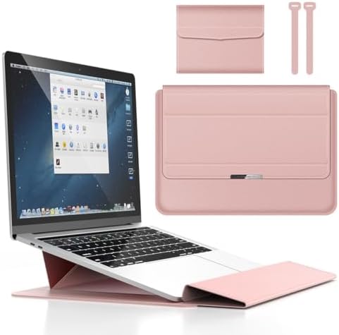 4 in 1 Ergonomic Workstation Set - Foldable Laptop Sleeve and Stand, Premium Leather Portable Computer Riser for 11-17 Inch Laptops, Waterproof Travel Organizer with Cooling Design (Pink,13-14")