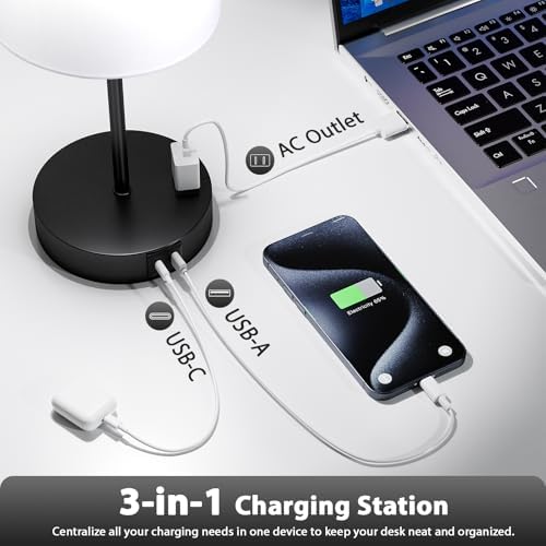 White Black Touch Lamps for Bedroom Set of 2, Dimmable, USB C+A, AC Outlet
