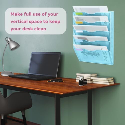 5 Pockets Mesh Wall File Holder Organizer Office Hanging File Folder Magazine Rack, Nametag Label Hooks Set Included (Blue)