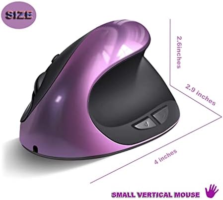 Ergonomic Mouse,Rechargeable Small Vertical Mouse with 6 Buttons Adjustable 800/1200/1600 DPI Purple Wireless Mouse for Laptop, Desktop, PC, MacBook