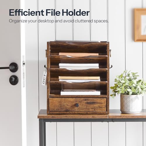 HOOBRO Wall File Organizer, Mail Organizer Wall Mounted, Wooden Literature Organizer, Construction Paper Organizer with Drawer Storage and 2 Hooks, for Office, Classroom, Home, Rustic Brown FG14WF01