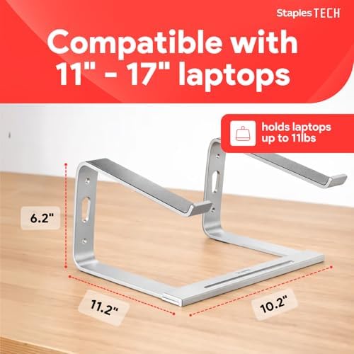Staples TECH Adjustable Aluminum Laptop Stand, 11-17 In, Silver