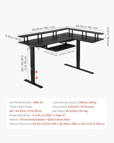 VEVOR L Shaped Desk, Electric Adjustable Height Corner Gaming Desk with Keyboard Tray and Dual Hooks, Heavy Duty L-Shaped Computer Table with Light Strip for Home Office, Easy to Assemble, Black