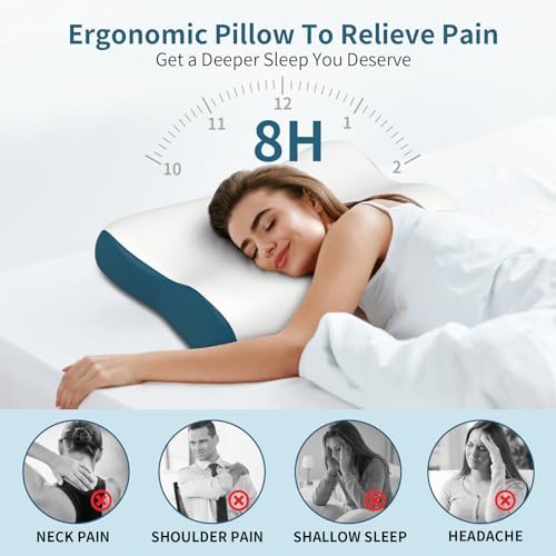 Cervical Neck Pillow for Pain Relief, Contour Memory Foam Pillows for Sleeping, Ergonomic Pillow Orthopedic Cooling Pillow Bed Pillow Neck Support for Side Back Stomach Sleepers(White&Blue)