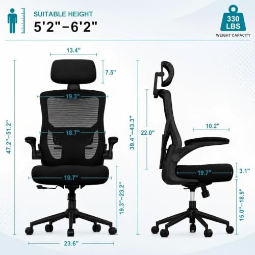Ergonomic Office Chair, High Back Mesh Computer Chair with Molded Foam Cushion, Adjustable Headrest, Lumbar Support, Tilt Lock and Coat Hanger for Home Office (Obsidian Black)