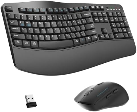 Wireless Keyboard and Mouse Combo,2.4G Full Size Ergonomic Wave Keys(Gray)