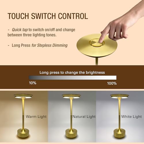 Cordless Table Lamps Rechargeable, Portable Battery Operated Lamp, 3 Color Stepless Dimming LED Table Light with Memory Function, for Outdoor/Dinner/Patio/Restaurant (Gold)