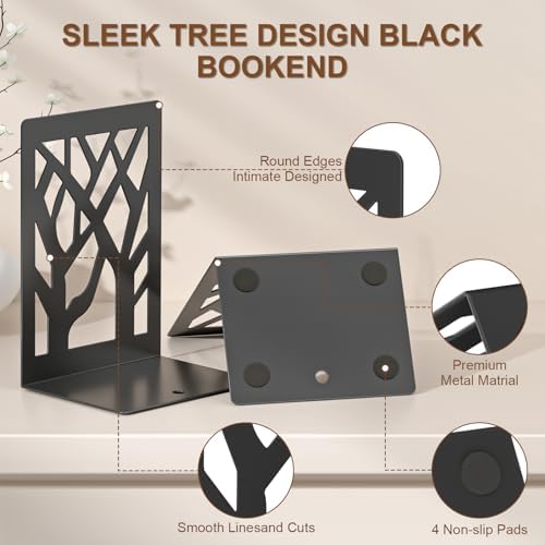 VFINE 6-Piece Modern Metal Bookends for Shelves, Black Tree Book Ends for Books, Decorative Book Organizer for Desk, Non-Skid Shelve Bookends for Home Office