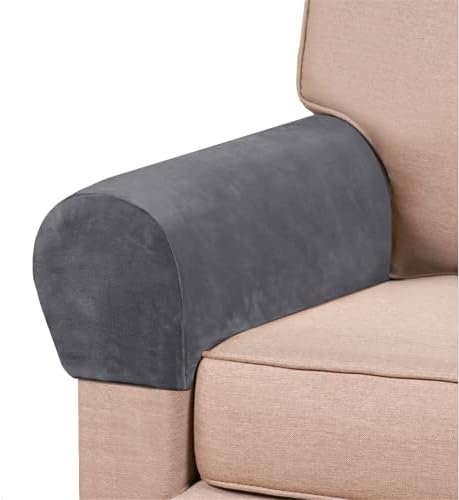 2 Pack Velvet Stretch Armrest Covers - Non Slip Sofa Chair Covers, Soft Elastic Arm Protectors for Living Room Couch, Office Chair, Recliner (Grey)