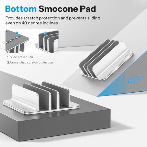 OMOTON 3-Slot Multiple Vertical Laptop Stand, Fits MacBook, Bright Silver