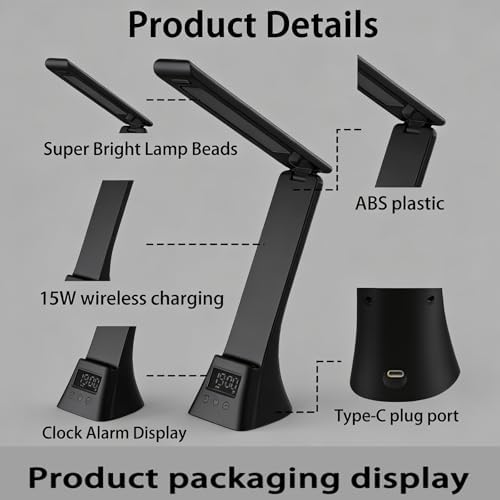 AYI Multifunctional LED Desk Lamp, 10W Wireless Charging Station with Digital Clock & Alarm, Foldable Phone Holder Stand for Bedroom Home Office, TYV-2088 Black.