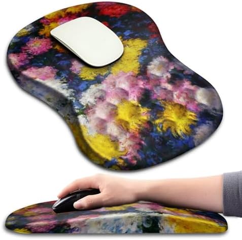 Hokafenle Ergonomic Mouse Pad Wrist Support with Massage Design, Wrist Rest Pain Relief Mousepad with Memory Foam&Non-Slip PU Base, Mouse Pads for Wireless Mouse & Desk(12x8 inch,Monet Chrysanthemum)