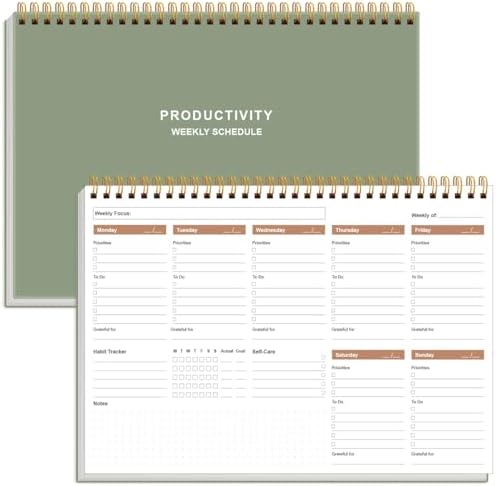 Weekly Productivity Planner - 8" x 11" Dashboard Desk Pad/Planner, Habit Tracker, Spiral Undated Weekly Planner for Office/School/Home, 54 Weeks, Green