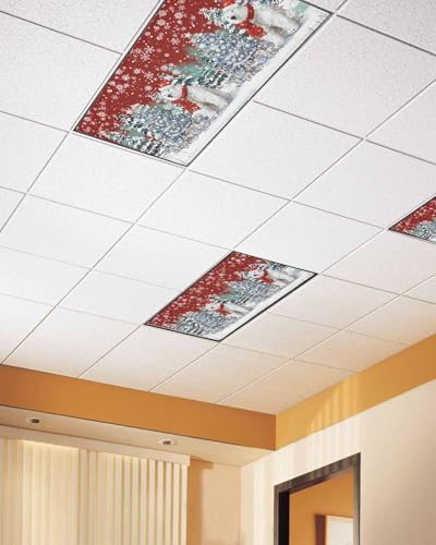 Red Christmas Magnetic Fluorescent Light Covers for Ceiling Lights 2 x 4 Feet,Snowflakes Retro Snowy Pine Tree Bear Office Classroom Kitchen Drop Ceiling Light Covers Filters Shade Panel 2 Packs