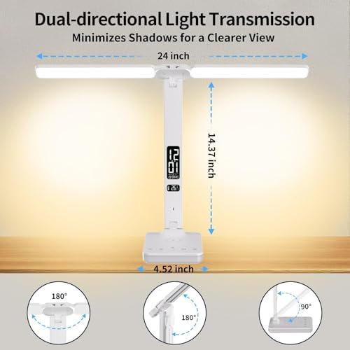LED Desk Lamp with Charger, USB Charging Port, Dual Swing Arm Desk Light with 5 Brightness, 3 Colors, Table Lamp with Clock, Alarm, Date, Temperature, Desk Lamp for Home Office Study (White)