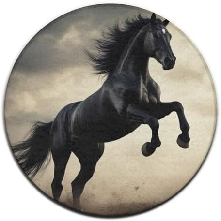 Large Home Decor Mat, Soft Round Yoga Carpet, Non Slip Machine Washable Kitchen Office Circle Rug Horse Black