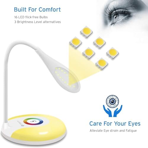 LED Desk Lamp with USB Charging Port, Eye-Caring Table Lamp with 3 Brightness Levels, Touch Control, Adjustable Gooseneck, Color Night Light for Office and Bedroom, Gift for Kids and Families