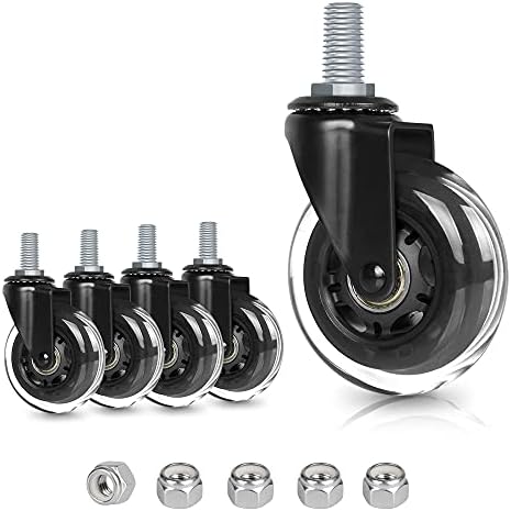 8T8 3" Office Chair Caster Wheels Heavy Duty, Set of 5, 3/8"-16x1 (Not Metric M10), Threaded Stem Casters with Nylon Nuts, Replacement PU Rubber Wheels, Safe for Hardwood Tile Floors