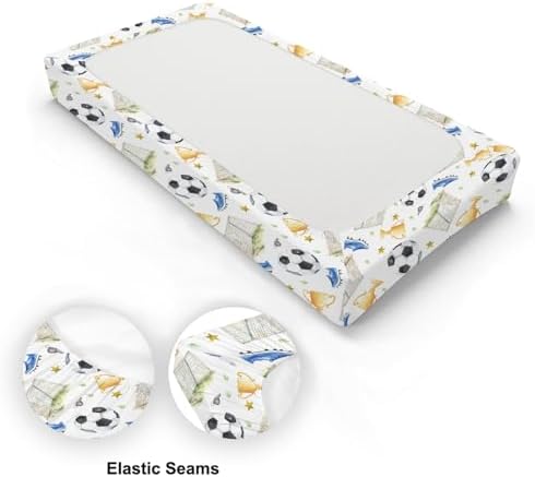 Watercolor Soccer Balls Shoes Stars Pattern Baby Changing Pad Cover, Unisex Sports Theme Nursery Diaper Changing Table Pad Mat Sheet for Boys Girls-16x32