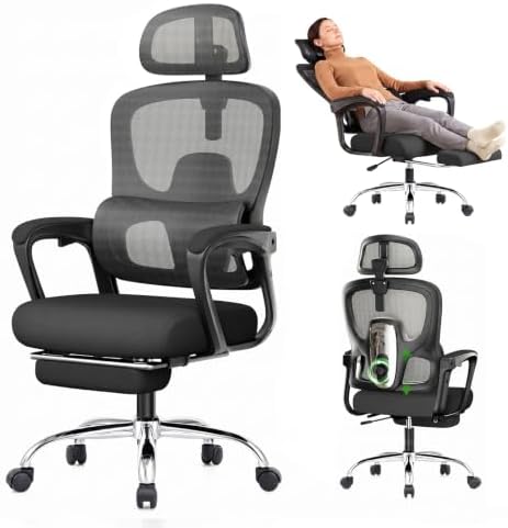 Ergonomic Office Chair with Footrest, 90-145° Reclining Desk Chair