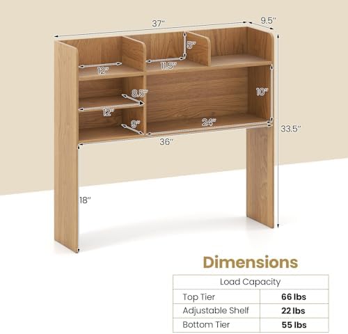 Tangkula Desktop Bookshelf for Computer Up to 32”, 37” Countertop Storage Hutch with 6 Storage Shelves, 3-Tier Desktop Organizer Display Rack, Wooden Desk Hutch for Dorm Home Office (Natural)