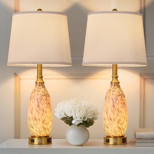 AIDENOEY 26" Modern Art Glass Table & Bedside Lamp, Stepless Dimmable Base + Dimmable 3-Color Light, USB A/C Charging Ports, Touch Control & Switch for Bedroom, Living Room, Office, Study
