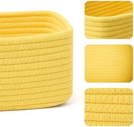 MiniArk Small Storage Baskets for Organizing | Closet Organizer Bins | Shelf Toy Basket | Woven Rope Baskets | Cube Decorative Box | Shallow Basket | 11.5x7.5x4.7” | 3 Packs Yellow