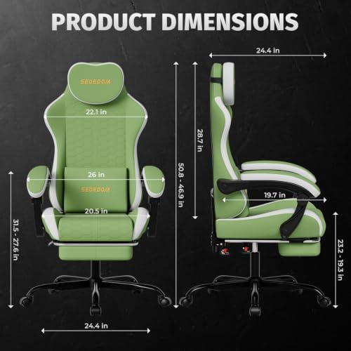 Honeycomb Embossed Gaming Chair with Footrest & Massage Lumbar Support, Adjustable Ergonomic Office Chair for Adults, 300 lbs (Green White)