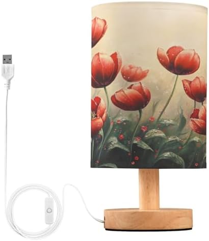 ALAZA Red Poppy Flower Leaves Oil Painting Decor Bedside Table Lamp with USB Port for Bedroom Nightstand Office Desk LED Bulb Included