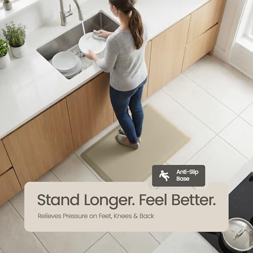 Anti Fatigue Kitchen Mats for Floor | Padded Kitchen Rugs | Non Slip, Cushioned Standing Desk Mat | Waterproof Floor Mat for Home and Office | 17.3" x 28" X 0.47", Beige, 1-Pack | More Décor