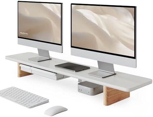 Fenge 42.5" Dual Monitor Stand with Storage Drawer & Solid Wood Legs