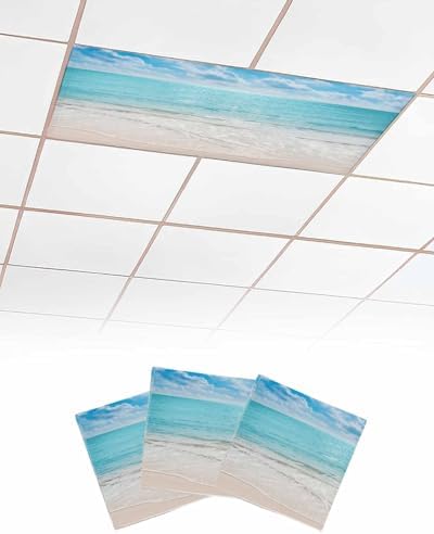 Ocean 3 Pcs Fluorescent Light Covers, Blue Sky Beach Waves Magnetic Filters Shade Panel Light Covers for Ceiling Lights Classroom Office Home Ceiling Decoration, 4 x 2 Ft