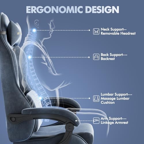 Soontrans Velvet Fabric Ergonomic Gaming Chair with Footrest, Reclining Office Computer Desk Game Chairs with Massage Lumbar Cushion,Headrest,Comfortable Video Gamer Chair for Adult