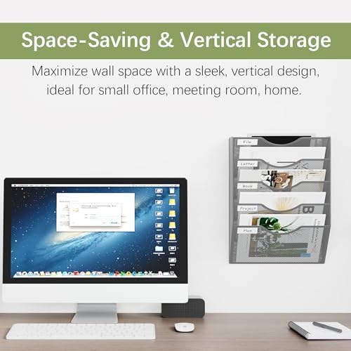 EasyPAG Wall File Organizer 5 Tier Hanging Paper Folder Holder, Zero Assembly Metal Mesh Wall Mounted Mail Organizer for Office Home Classroom Narrow Spaces, Silver