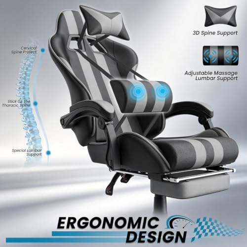 Ferghana Grey Gaming Chair, Ergonomic Racing Style Computer Chair with Footrest, Adjustable Reclining, Lumbar and Head Support, PU Leather Gamer Chair