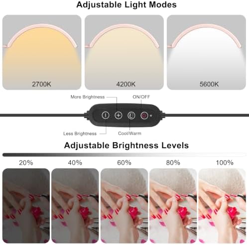 Professional Half Moon LED Desk Light for Nail Techs & Artists – Flexible Gooseneck Lamp with Clamp, 3 Color Modes & 5 Brightness Levels for Manicure, Tattoo, Beauty Work