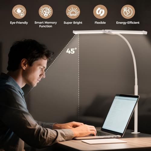 Voncerus LED Desk Lamp for Home Office, Double Head Desk Light with Clamp