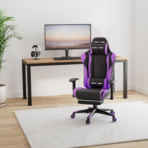 GTPLAYER Gaming Chair with Footrest, Ergonomic Computer Game Desk Chair, Reclining Gamer Chair Seat Height Adjustment, Swivel Rocker with Headrest and Lumbar, Purple