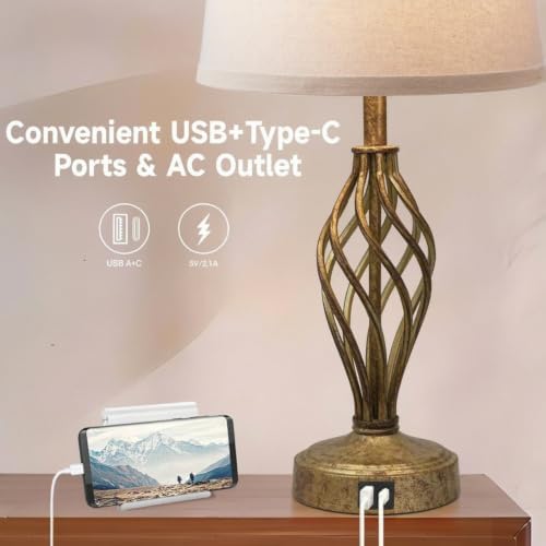 Ruiever Touch Table Lamps Set of 2, nightstand lamp with USB Ports Bedside 3 Way Touch dimmer Desk lamp for Living Room Bedroom,Antique Gold Spiral cage Base Design Warm White dimmer Bulbs Included.